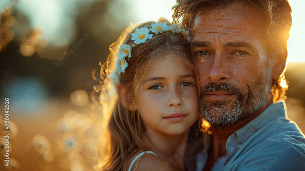 A man and a little girl are standing in a field with the sun shining on them. Image created with AI A man and a little girl are standing in a field with the sun shining on them. Image created with AI