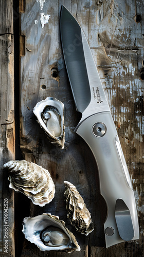 Essential Seafood Tool: Close-up Shot of an Oyster Shucking Knife on a Rustic Wooden Backdrop