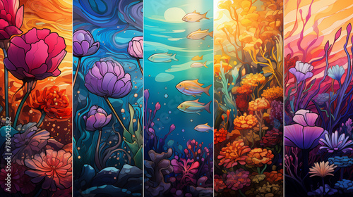 Coral Reefs Diversity Flourishing with reef fish and Beautiful natural colors. Underwater scenes in collage style. Emphasize marine life and the beauty and mystery of the ocean
