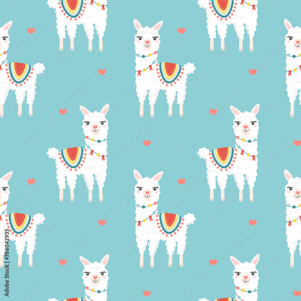 Fototapeta premium Seamless pattern with cute cartoon hand draw white lama, alpaca. Design for printing, textile, fabric.