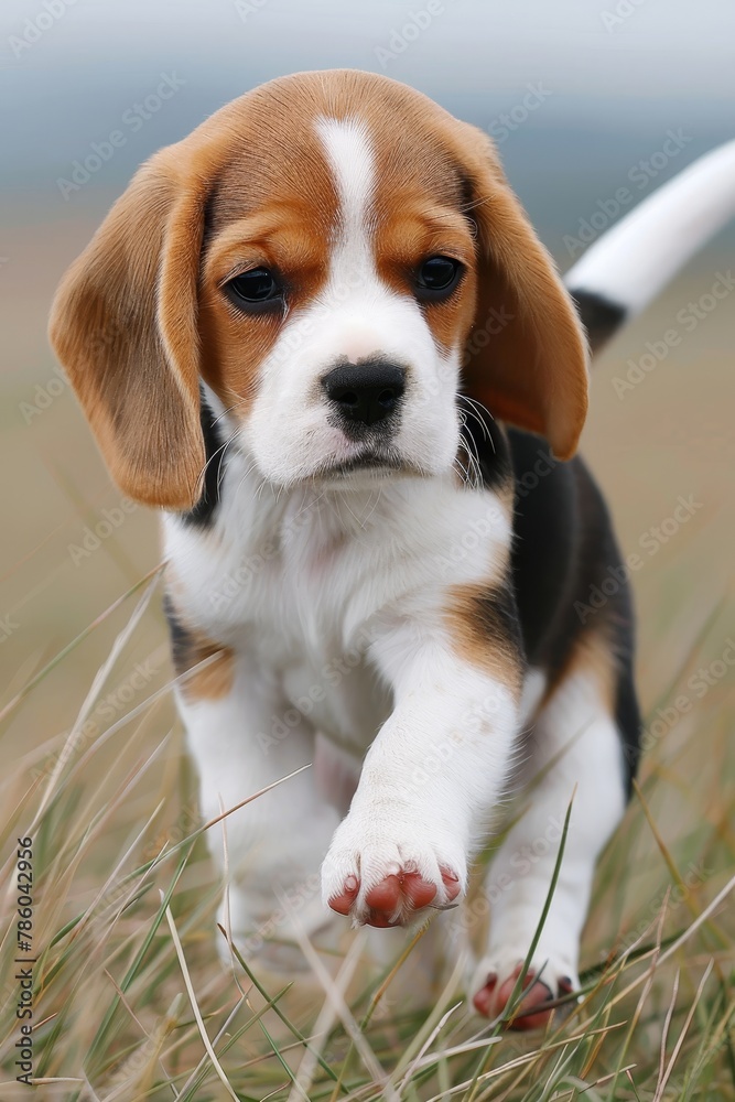 Beagle dog happily frolicking in lush green grass field, enjoying playful moments outdoors