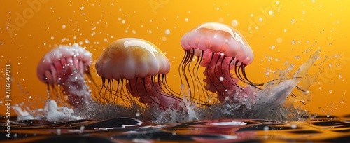 Jellyfish trio dancing in sunset waters