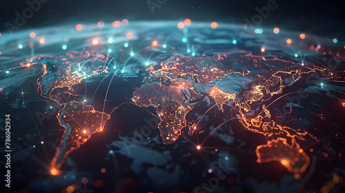 Illuminated world map in the night highlighting global connectivity, with golden lines and lights representing major connections between continents and cities of the planet ai generated art  photo