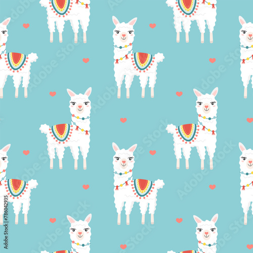 Seamless pattern with cute cartoon hand draw white lama, alpaca. Design for printing, textile, fabric. © AnaRisyet