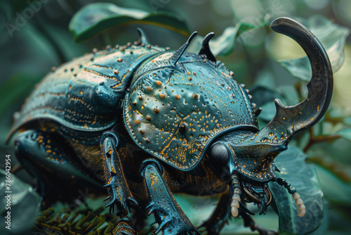 A close-up of a rhinoceros beetle, showcasing its formidable horn and the detailed texture of its ar