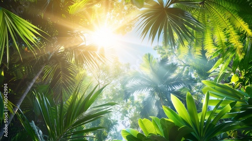 Exotic tropical jungle lush palm leaves, trees, wild plants nature wallpaper concept