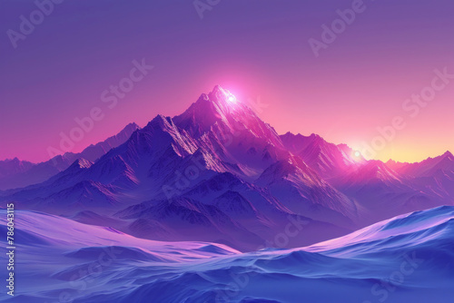 A mountain peak with snow stands against a softly lit background transitioning from purple to blue.