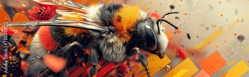 Vibrant digital art of a bumblebee in dynamic floral scene