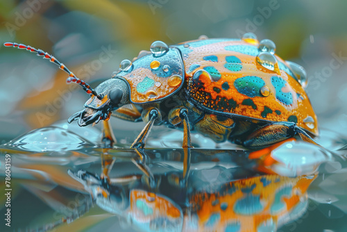 A close-up of a tortoise shell beetle, its transparent edges reflecting the colors of the environmen © Natalia