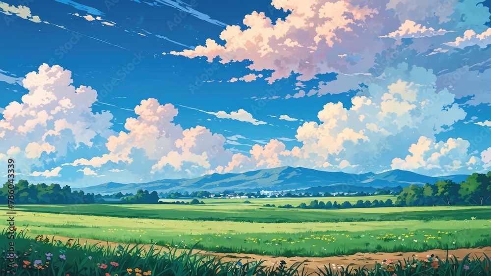 Fototapeta premium anime style landscape with field and blue sky