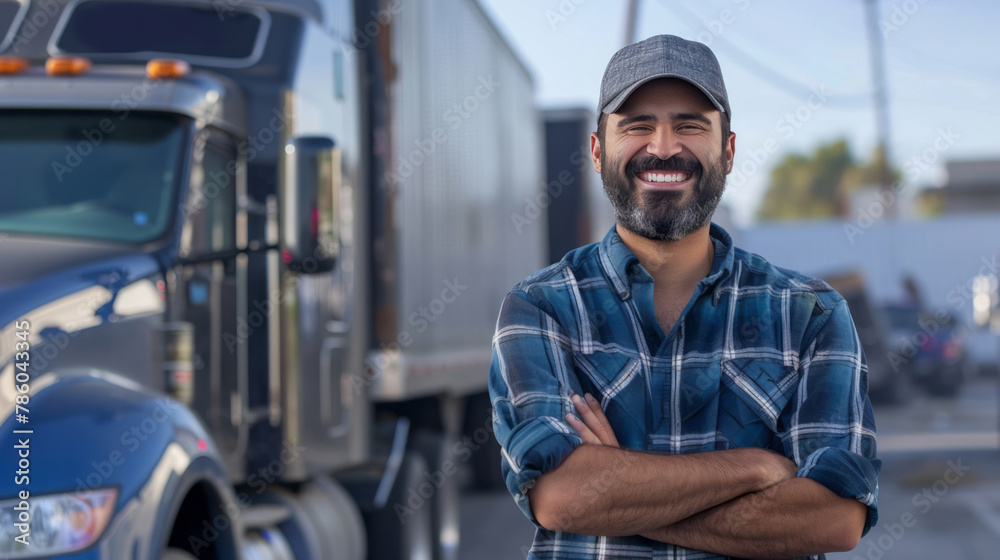 A truck driver, wearing a blue flannel shirt and a cap with a white brim, stands smiling in front of his cargo trailer. A truck driver, wearing a blue flannel shirt and a cap with a white brim, stands smiling in front of his cargo trailer.