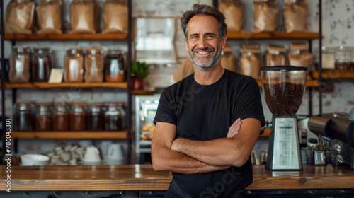 A man, wearing a black t-shirt and jeans, stands behind the counter at a coffee shop, arms crossed and smiling confidently.