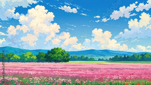 anime style landscape with field, flowers and blue sky