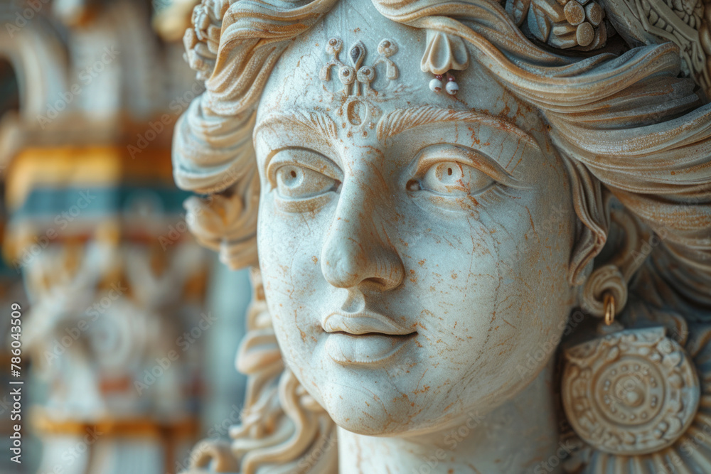 A detailed depiction of the enigmatic cult statue of Artemis, richly adorned with jewelry and symbol A detailed depiction of the enigmatic cult statue of Artemis, richly adorned with jewelry and symbol