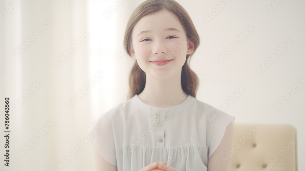 Happy young girl smiling in soft light: charming young girl with a gentle smile in a sunlit room, exuding warmth and joy Happy young girl smiling in soft light: charming young girl with a gentle smile in a sunlit room, exuding warmth and joy