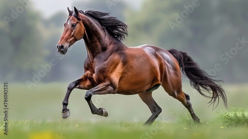 Observant and focused horse galloping freely in the vast expanse of an open field