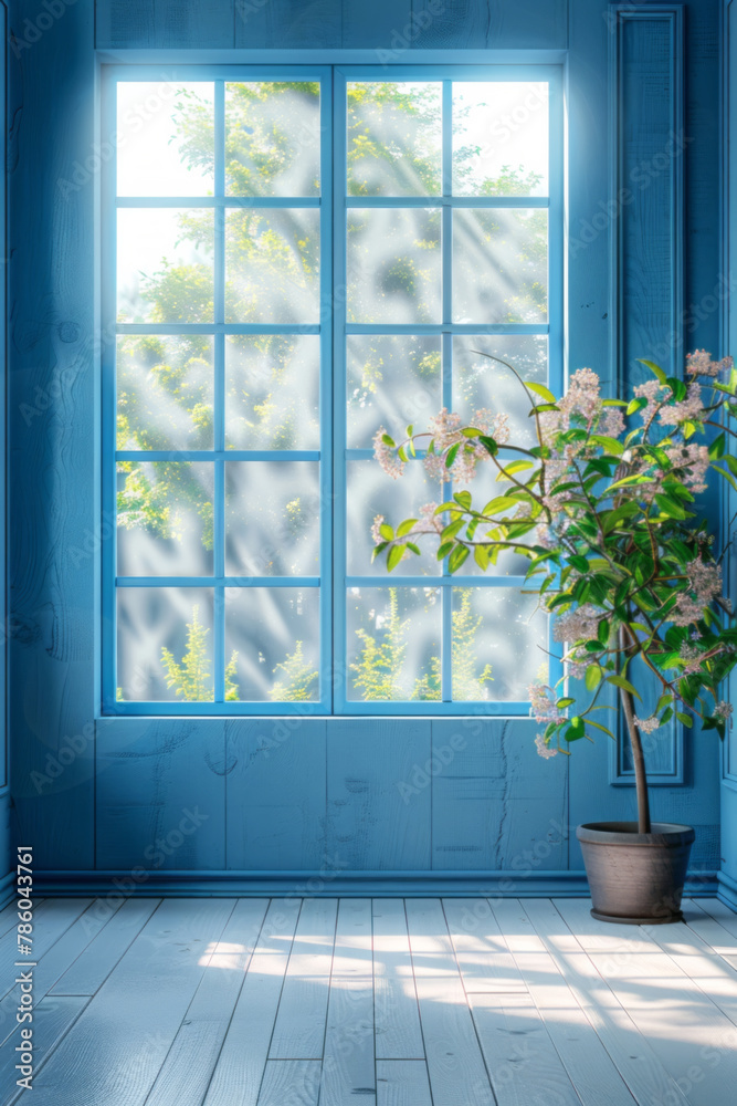 A light blue wall serves as a backdrop, featuring window light and shadow, in a bright, minimalistic room mockup. A light blue wall serves as a backdrop, featuring window light and shadow, in a bright, minimalistic room mockup.