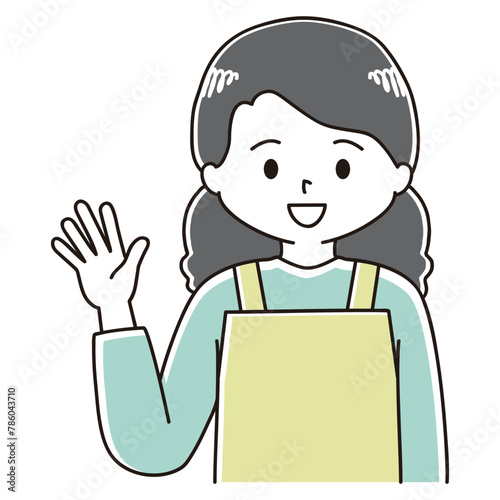 挙手するエプロン姿の女性のイラスト