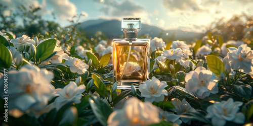 A perfume bottle, with a glass cap and label on the body, is surrounded by white gardenias in full bloom against a background of a blue sky and white clouds.