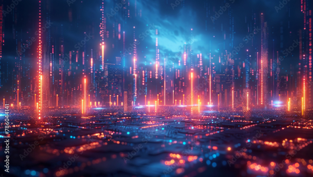 A financial graph with glowing lines and holographic bar charts stands out against a dark abstract backdrop, illuminated by blue light, creating depth and movement.