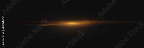 Golden line of speed and light. Horizontal flare, glowing effect. On a transparent background.