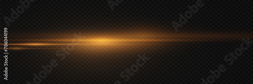 Golden line of speed and light. Horizontal flare, glowing effect. On a transparent background.