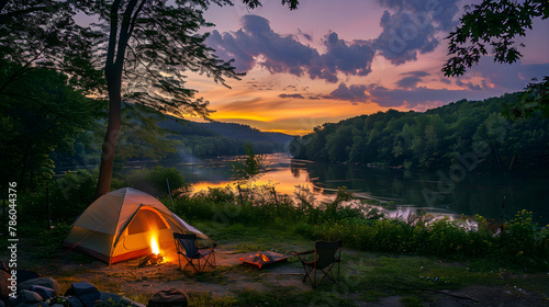 Serene Riverside Camping Scenario at Dusk in Ohiopyle State Park: A Haven of Wilderness photo