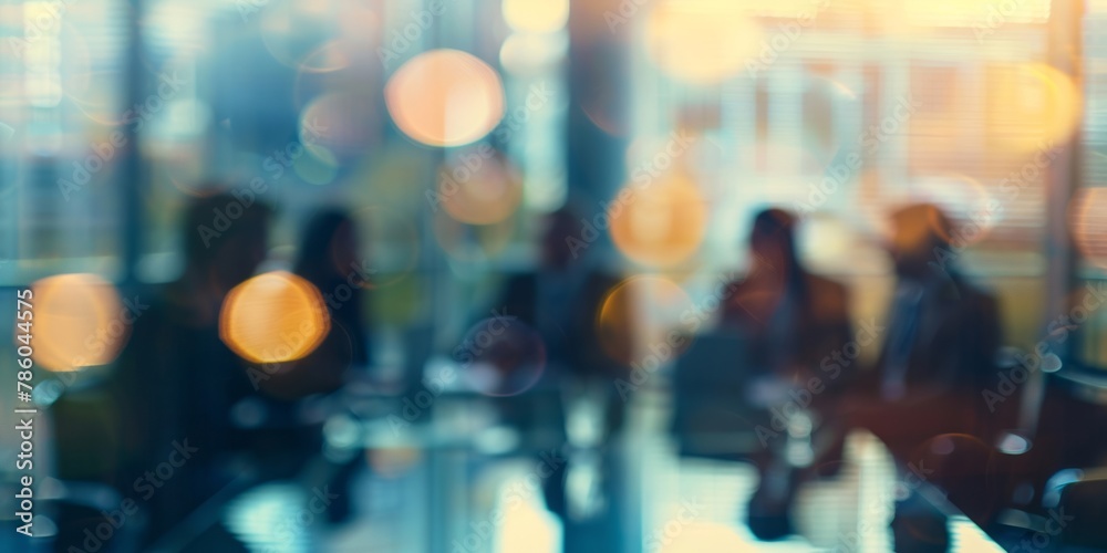 A blurred background captures business people having a meeting in an office, working together.