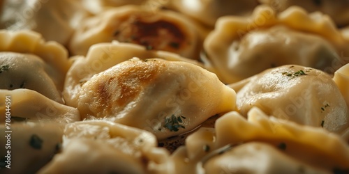 A tantalizing close-up image capturing the textures and savory appeal of freshly prepared ravioli sprinkled with herbs