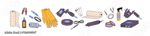Different professional equipment and accessories for tattoo. Various supplies, tool kit, instruments: machine, needles, gloves, ink jar, spray bottle, rca. Flat isolated vector illustration on white
