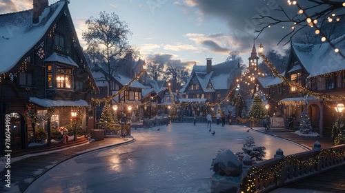 A quaint village square transformed into a winter wonderland, with an ice rink surrounded by holiday decorations and cheerful laughter. 8k, realistic, full ultra HD, high resolution, and cinematic