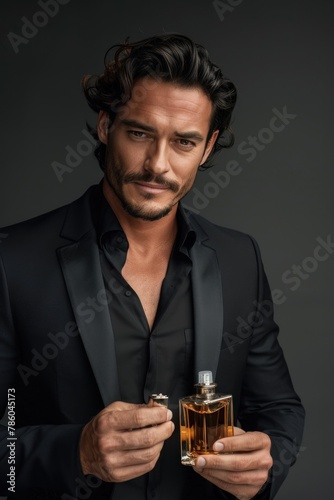 Wallpaper Mural A man dressed in a formal tuxedo is holding a stylish bottle of perfume in his hand. He appears confident and elegant, showcasing the luxury fragrance Torontodigital.ca