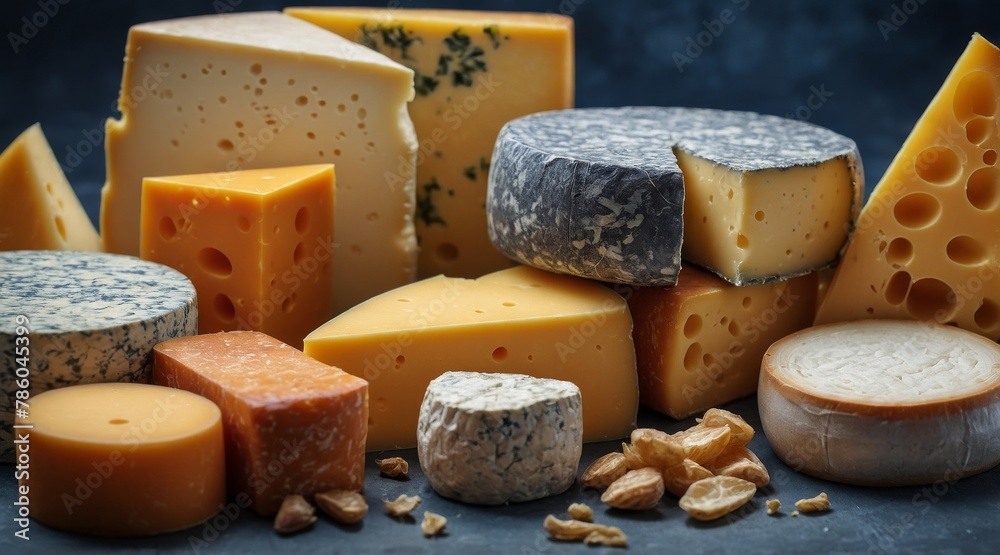 Cheese of different varieties on a gray-blue background.