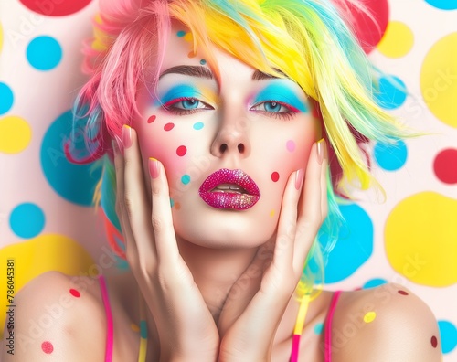 Beauty Girl Portrait with Colorful Makeup, Hair, Nail polish and Accessories. Colourful Studio Shot of Funny Woman. Vivid Colors. Manicure and Hairstyle. Rainbow Colors