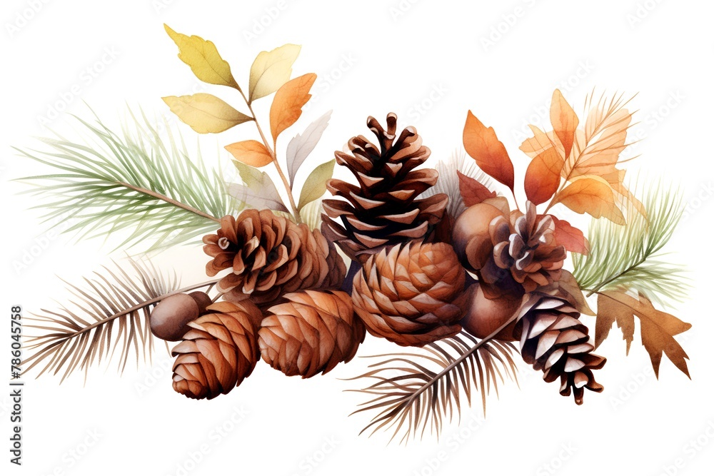 Beautiful vector image with nice watercolor autumn leaves and pine cones - obrazy, fototapety, plakaty 