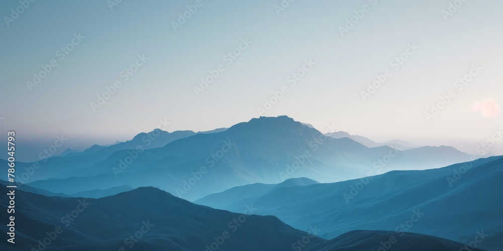 Serene scenic view of gentle misty mountain ranges in the soothing morning light Serene scenic view of gentle misty mountain ranges in the soothing morning light