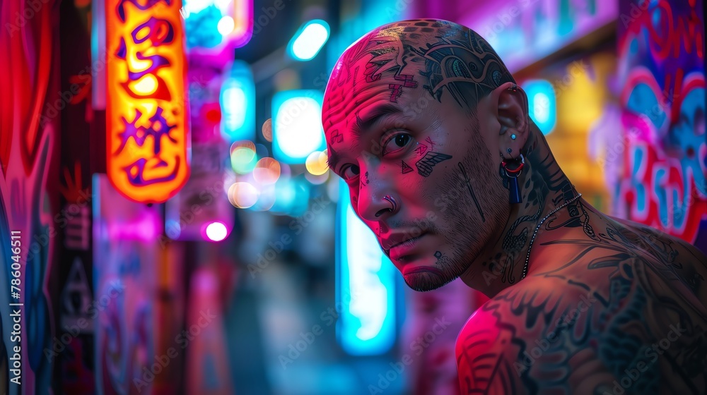 A portrait of a man with tattoos and piercings in a dark alleyway with colorful neon lights