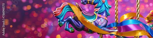 A whimsical carousel horse ornament adorned with colorful ribbons, set against a carnival-purple backdrop. 