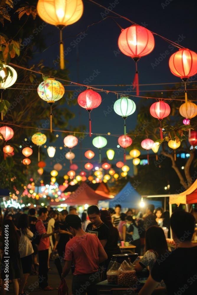 A lively night market illuminated by colorful lanterns, with street performers, food vendors, and stalls selling handmade crafts, set against a backdrop of starry skies and city lights, Generative AI