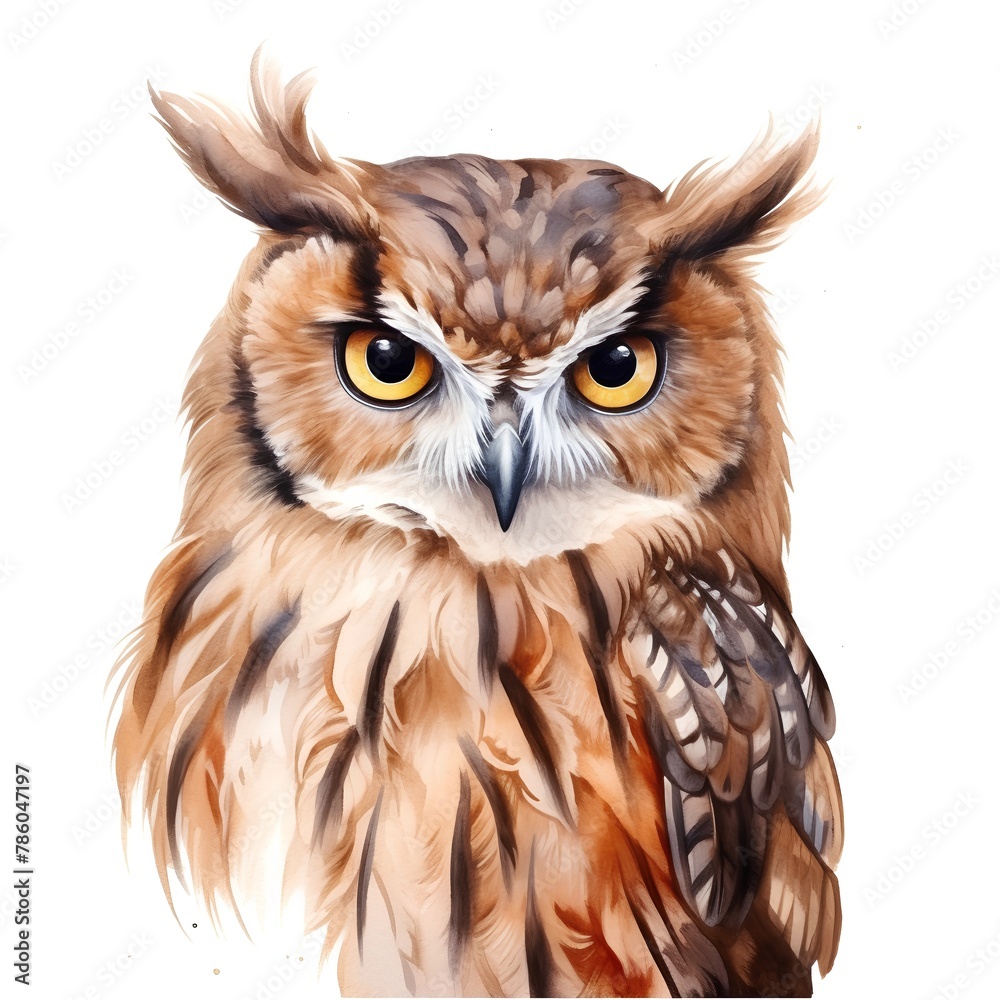 Fototapeta premium Portrait of an owl isolated on white background. Watercolor illustration.
