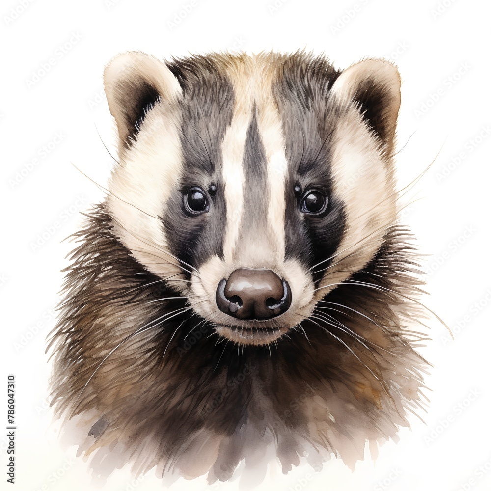 Obraz premium Cute badger isolated on white background. Digital watercolor painting.