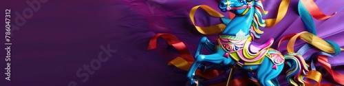 A whimsical carousel horse ornament adorned with colorful ribbons, set against a carnival-purple backdrop. 