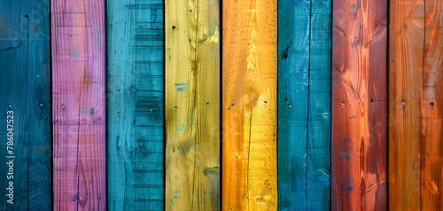 A row of colorful wooden boards with a blue board in the middle