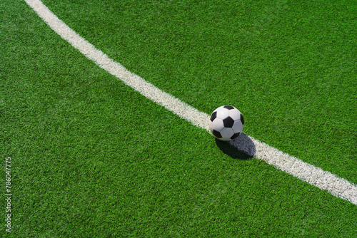 a soccer ball on the green grass in soccer stadium. © Igor