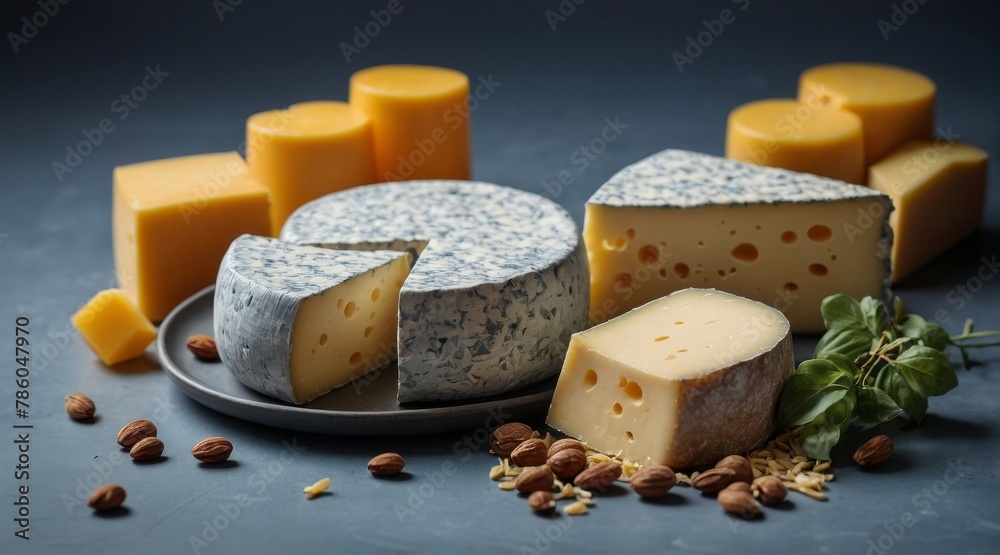 Cheese of different varieties on a gray-blue background.