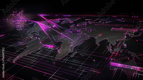 Magenta and purple lines illuminate a sleek world map.
