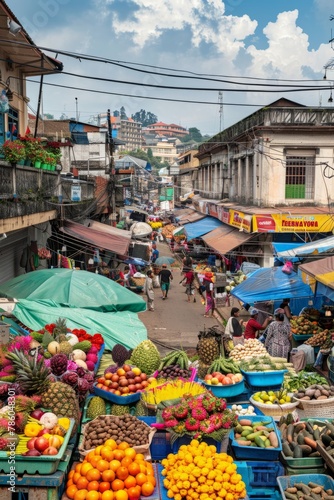 A vibrant open-air market bustling with vendors selling fresh fruits, vegetables, and colorful flowers, set against the backdrop of a bustling cityscape, Generative AI