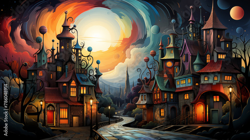 Cartoon City inspired by cubism art. Vintage Town with Triangular Shape and house. Evening Street with Fairy Artistic Sky  © MedRocky