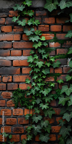 Trepadeira verde exuberante escalando uma parede de tijolos envelhecida © Alexandre