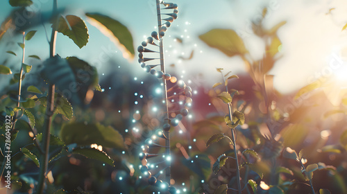A 3D holographic projection of a DNA strand within a crop field, symbolizing the genetic enhancement of plants, with copy space photo